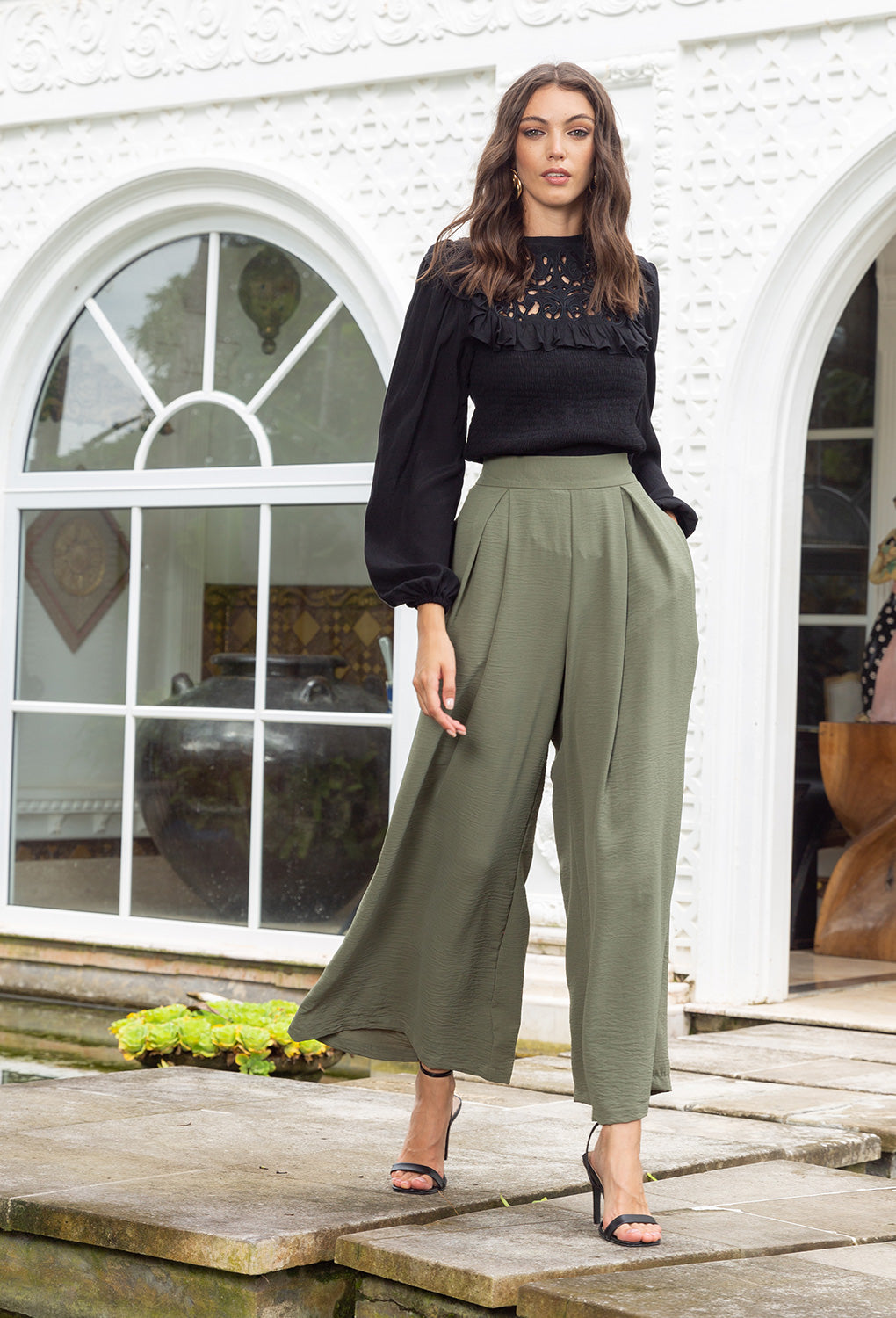 Solid Olive Green Pleated Palazzo Pants – ZOMO
